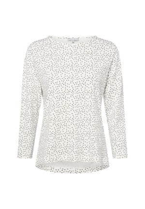 Long-sleeve top made of lightweight fabric, featuring a white base with scattered gray dots, round neckline, and slightly curved hem.