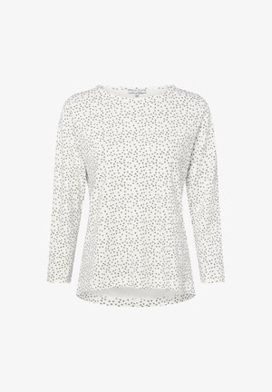 Langärmliges Oberteil aus leichtem Stoff, mit einem weißen Grundton und verstreuten grauen Punkten, rundem Ausschnitt und leicht abgerundetem Saum.