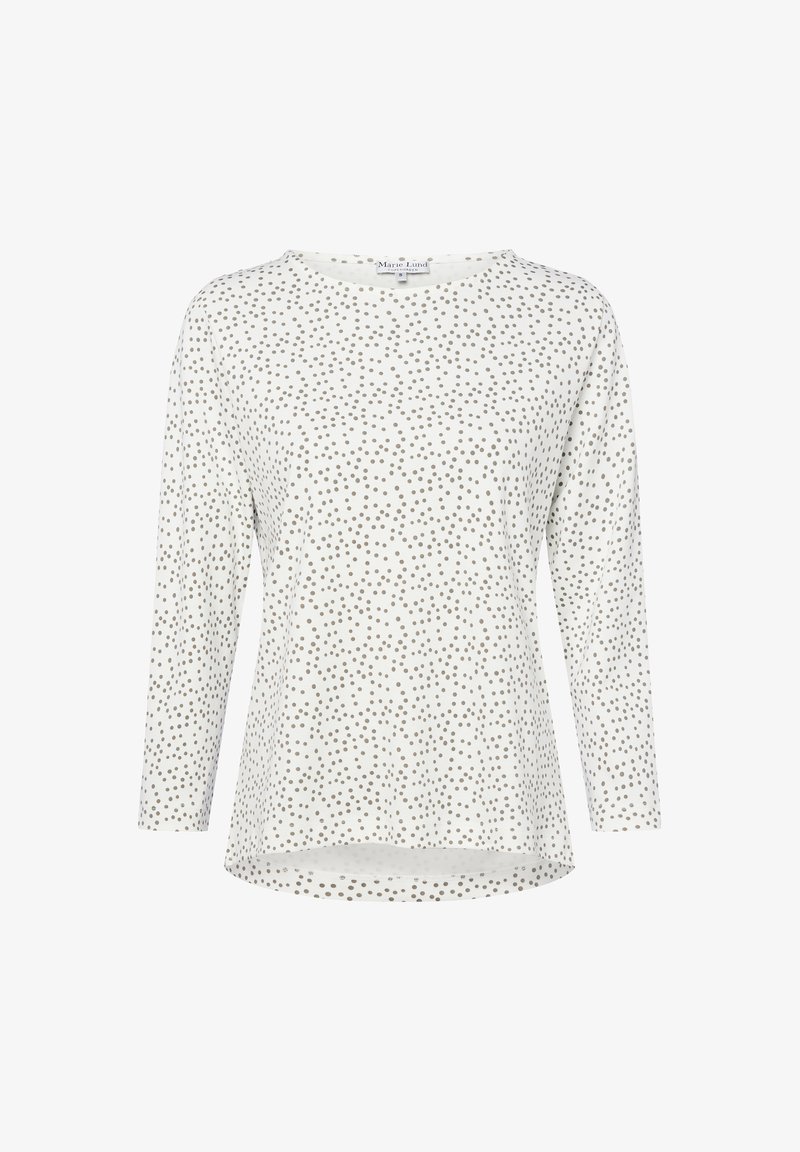 Langärmliges Oberteil aus leichtem Stoff, mit einem weißen Grundton und verstreuten grauen Punkten, rundem Ausschnitt und leicht abgerundetem Saum.