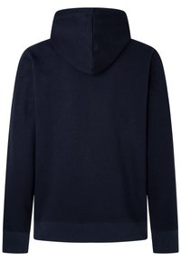 Sudadera con capucha azul marino, mezcla de algodón, con dobladillo y puños acanalados. Textura suave, diseño sencillo, sin logotipos ni patrones visibles.