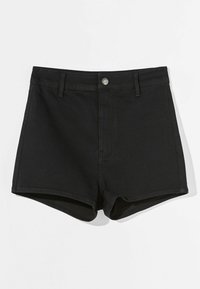 Svarta denimshorts med hög midja, med knappstängning framtill, klassisk femfickdesign och ren avslutning.
