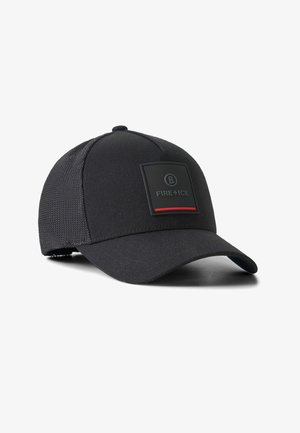 Black mesh-back baseball cap with curved brim and front patch labeled "FIRE + ICE" in gray and red accents.