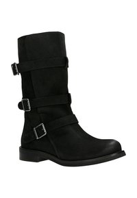 Czarne zamszowe botki za kostkę z trzema regulowanymi paskami i metalowymi klamrami, okrągłym noskiem, niskim obcasem w kształcie bloku oraz gładką teksturą.