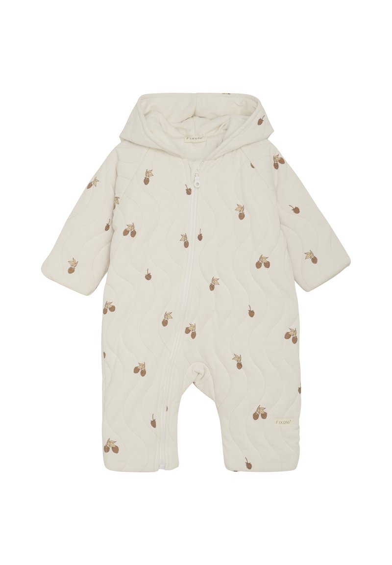 Combinaison en molleton crème pour enfants, avec capuche, présentant un motif ondulé et des impressions de glands marron, et une fermeture éclair à l'avant.