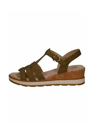 Olive green wedge sandals with cork heel, multiple vertical straps, T-bar design, adjustable buckle, and textured insole.