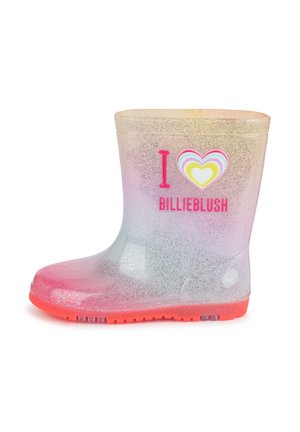 Botte de pluie translucide à paillettes pour enfants avec semelle rose et texte "I love Billieblush" ainsi qu'un graphique en forme de cœur sur le côté.