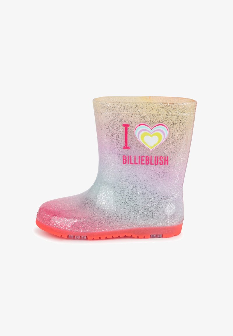 Botte de pluie translucide à paillettes pour enfants avec semelle rose et texte "I love Billieblush" ainsi qu'un graphique en forme de cœur sur le côté.
