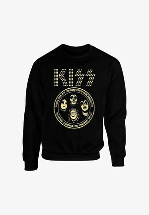 Felpa nera con un audace logo bianco "KISS" e una grafica circolare con quattro volti al centro, arricchita da dettagli gialli.