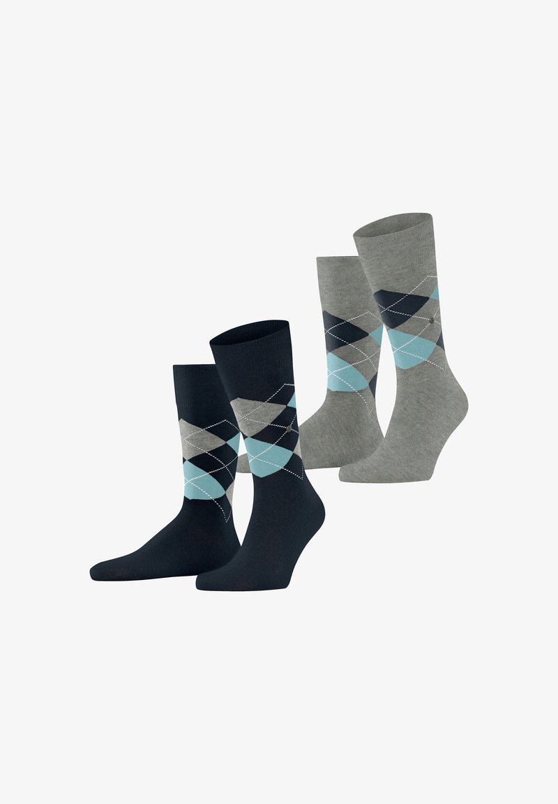 Ensemble de quatre chaussettes : deux grises et deux marines avec des motifs argyle en bleu clair et gris, fabriquées dans un matériau lisse et extensible.