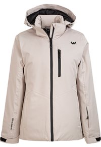 Veste d'hiver beige clair à capuche avec fermeture éclair noire sur le devant et la poitrine, poignets ajustables, et étiquette en tissu imperméable WRPRO 15000 sur la manche.