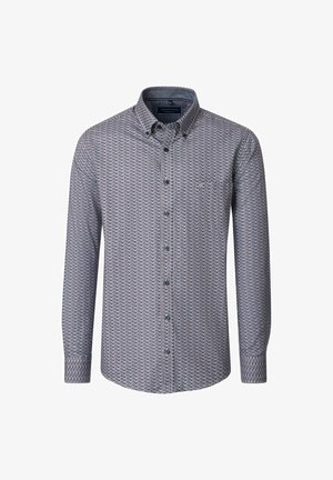 Męska koszula z długim rękawem zapinana na guziki w geometryczny wzór w niebieskim, czerwonym i białym kolorze, z kołnierzykiem zapinanym na guziki i jedną kieszenią na piersi.