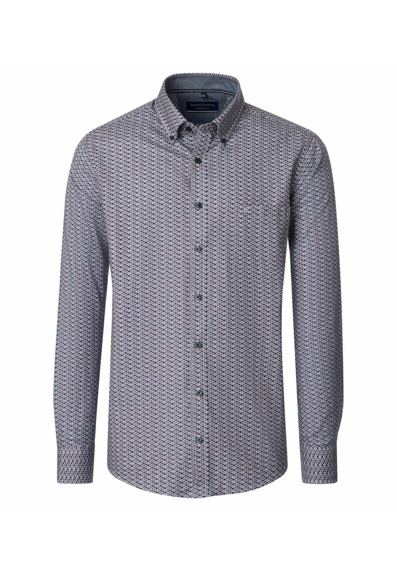Heren overhemd met lange mouwen en knoopsluiting, voorzien van een geometrisch patroon in blauw, rood en wit. Het shirt heeft een button-down kraag en één borstzak.