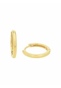 Goldfarbene Creolen mit einer glatten, glänzenden Oberfläche. Das Design zeichnet sich durch eine dünne, abgerundete Form mit einem Scharnierverschluss aus.