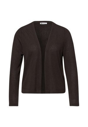 Cárdigan de manga larga, color marrón oscuro, con abertura frontal, diseño de punto simple y ligero, y dobladillo recto.