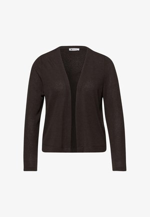 Cárdigan de manga larga, color marrón oscuro, con abertura frontal, diseño de punto simple y ligero, y dobladillo recto.