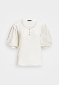 White cotton t-shirt with a rounded neckline and three buttons at the front. Features puffed sleeves and elasticized cuffs. Smooth texture.