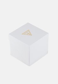 White square box with textured finish, featuring a gold triangular logo on the top. Designed for packaging, compact shape for gift items.