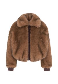 Giacca marrone in pelliccia sintetica con design corto, collo alto e polsini a coste. Presenta una chiusura centrale con cerniera. Texture morbida.
