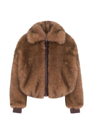 Giacca marrone in pelliccia sintetica con design corto, collo alto e polsini a coste. Presenta una chiusura centrale con cerniera. Texture morbida.