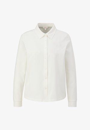 Witte button-up shirt met een kraag, lange mouwen en een gladde textuur. Beschikt over een centrale knoopsluiting en heeft geen uitgesproken patronen.