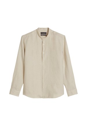 Beige Langarm-Herrenhemd mit Mandarinkragen und durchgehender Knopfleiste, aus leichtem Stoff.