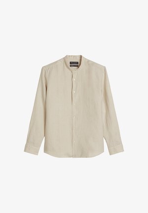 Beige long-sleeve men's shirt with mandarin collar and button-down front, made of lightweight fabric.