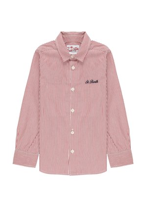 Camicia a maniche lunghe a righe verticali rosse e bianche, con bottoni e colletto, ricamata con "St Barth" sul petto sinistro.