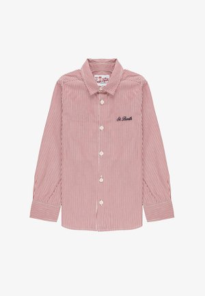 Camicia a maniche lunghe a righe verticali rosse e bianche, con bottoni e colletto, ricamata con "St Barth" sul petto sinistro.