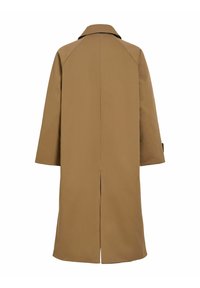 Long manteau marron avec de larges manches et une fente centrale dans le dos, présenté de dos sur fond blanc.