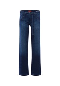 Jeans à jambes larges en denim bleu foncé, avec une ceinture nouée, cinq poches et un léger effet de décoloration le long des jambes pour la texture et le détail de design.