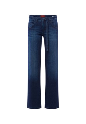 Jeansy o szerokich nogawkach w ciemnoniebieskim denimu, z paskiem do wiązania, pięcioma kieszeniami i delikatnym przetarciem na nogawkach dla tekstury i efektu wizualnego.