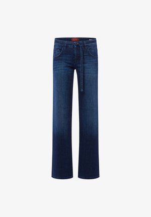 Jeansy o szerokich nogawkach w ciemnoniebieskim denimu, z paskiem do wiązania, pięcioma kieszeniami i delikatnym przetarciem na nogawkach dla tekstury i efektu wizualnego.