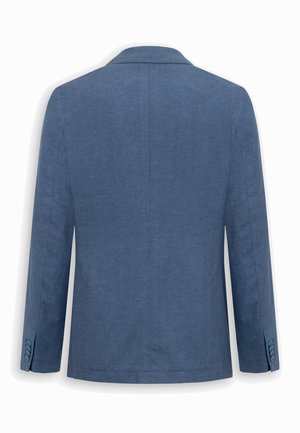 Bagfraudsigt af en blå herreblazer med sildebensmønster, hakkrave, lange ærmer og manchetter med knapper.