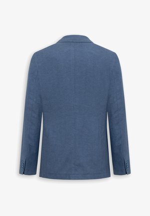 Tył niebieskiej męskiej marynarki w jodełkę, z kołnierzem z wcięciem, długimi rękawami i zapinanymi na guziki mankietami.