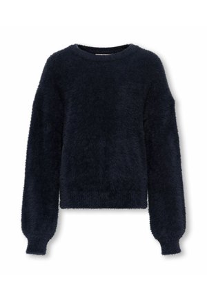 Pull bleu marine foncé à texture duveteuse avec de longues manches bouffantes et un col rond, présenté sur un fond blanc.