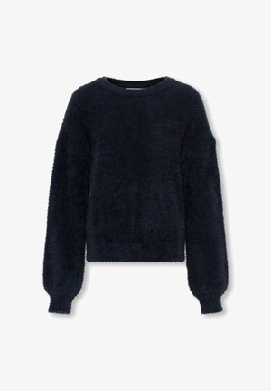 Tummansininen, pehmeä villapaita, jossa pitkät, ilmavat hihat ja pyöreä pääntie, esitetty valkoista taustaa vasten.