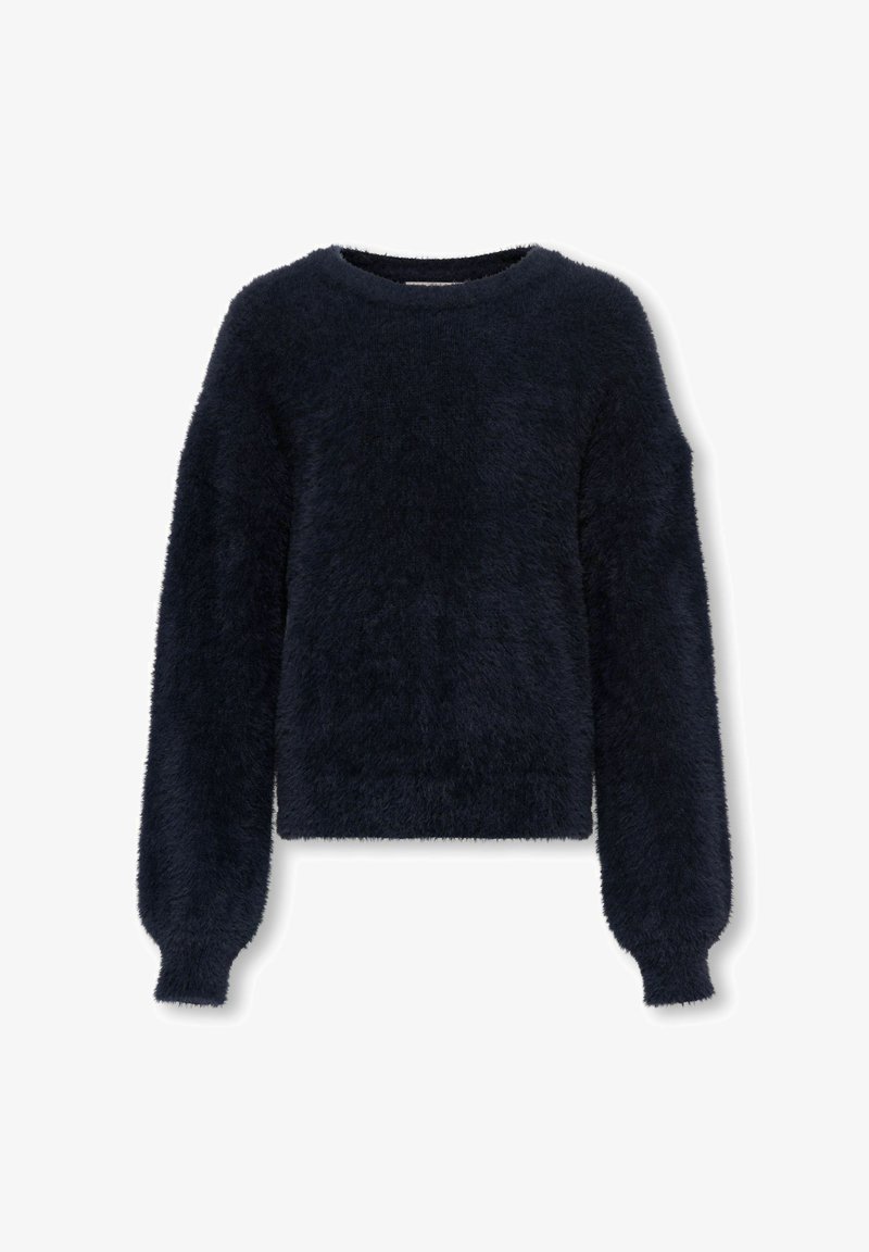 Tamsiai mėlynas pūkuotas megztinis su ilgomis pūstomis rankovėmis ir apvalia iškirpte, parodytas baltame fone.