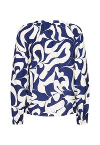 Langärmlige Bluse mit blau-weißem abstraktem Muster, strukturierter Stoff, runder Ausschnitt und geraffte Ärmelbündchen. Rückansicht gezeigt.