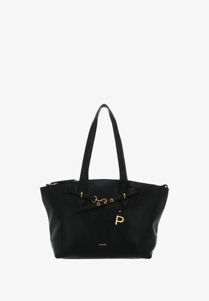 Black leather tote bag with textured finish, gold accents, and two shoulder straps. Features a decorative tag and zipper closure.