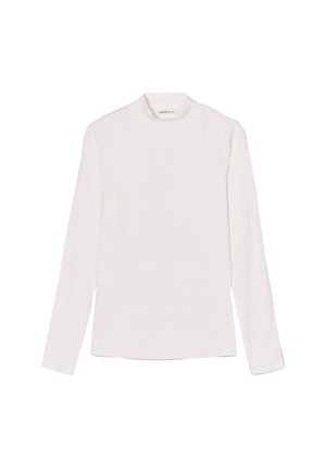 Top bianco a maniche lunghe con collo alto a coste, realizzato in tessuto leggero, mostrato disteso su uno sfondo bianco.