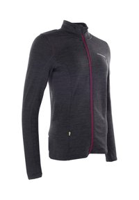 Giacca atletica grigio scuro con colletto alto, zip frontale completa e dettagli viola. Maniche lunghe e tessuto con design testurizzato.