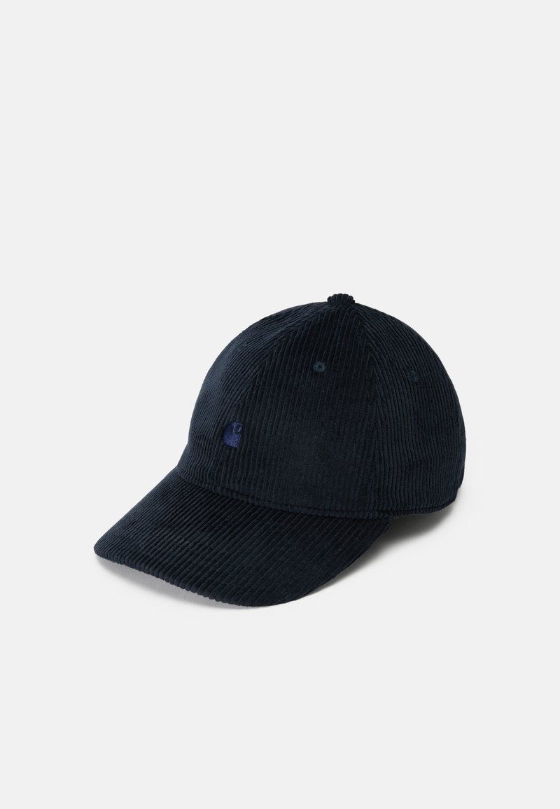 Gorra de béisbol de pana en color navy con visera curva, logotipo bordado en el frente y diseño de seis paneles con orificios de ventilación. Textura suave.