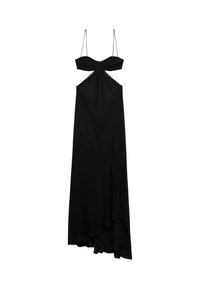 Vestido maxi negro con tirantes finos, detalle de nudo en el busto y abertura frontal. Tejido suave con una silueta fluida y dobladillo asimétrico.