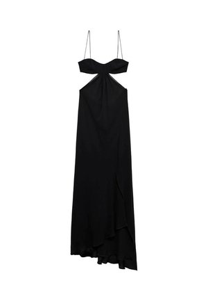 Black maxi dress with thin straps, knot detail at the bust, and front slit. Soft fabric with a flowing silhouette and asymmetrical hem.