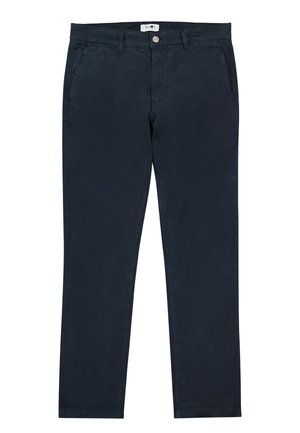 Marineblauwe broek met rechte pijpen, steekzakken, riemlussen en een knoopsluiting in de taille.