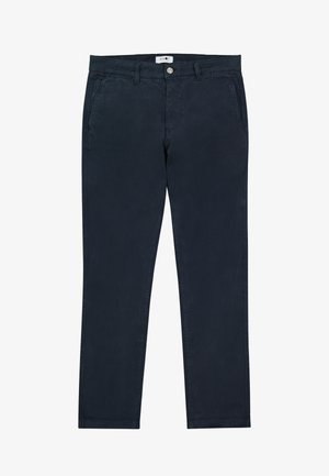 Marineblauwe broek met rechte pijpen, steekzakken, riemlussen en een knoopsluiting in de taille.