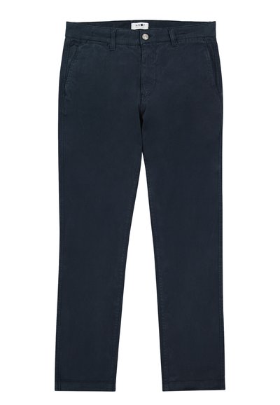 Pantalon bleu marine droit avec poches avant, passants pour ceinture et fermeture à bouton à la taille.