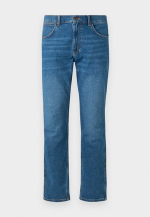 Blue denim jeans with five pockets, a button closure, and a straight-leg cut. Features subtle fading and contrasting stitching.