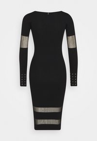 Schwarzes geripptes Strickkleid mit langen Ärmeln, die transparente gestreifte Akzente und Ösendetails an den Bündchen aufweisen. Figurbetonte Silhouette.