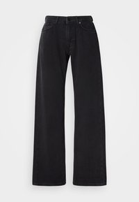 Čierne rifle s širokými nohavicami z denimu, s klasickým dizajnom piatich vreciek a zapínaním na gombík a zips. Hladká textúra s jemným prešitím.